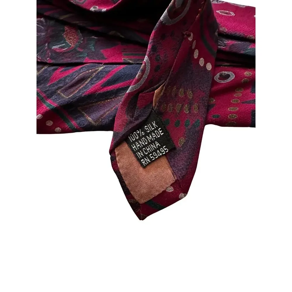 Vintage 80s Maroon Geometric Silk Necktie
